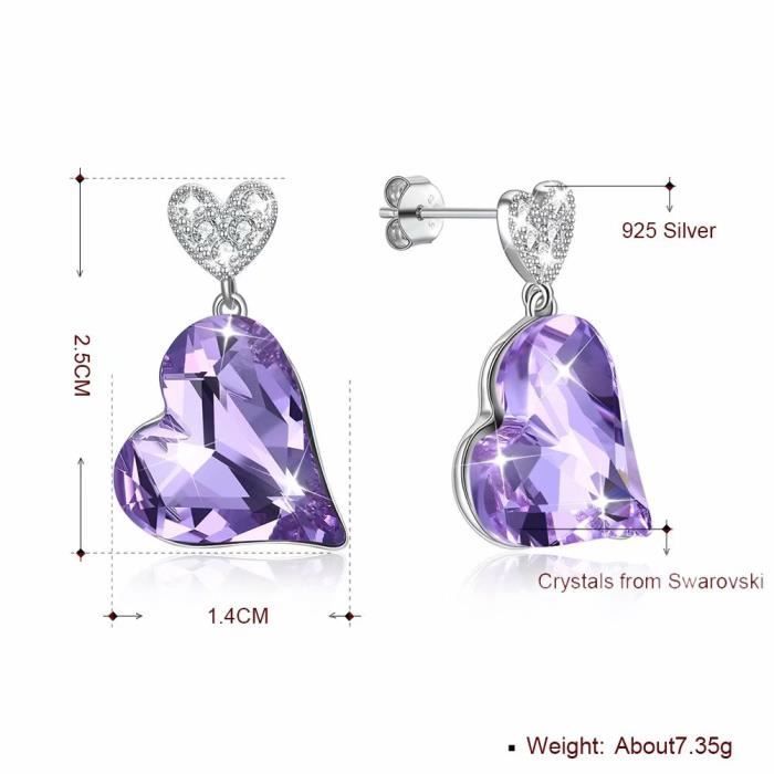Argent 925 Boucles D/'Oreilles Clou Blanc Violet Cristal Cœur Femmes Fashion Jewelry
