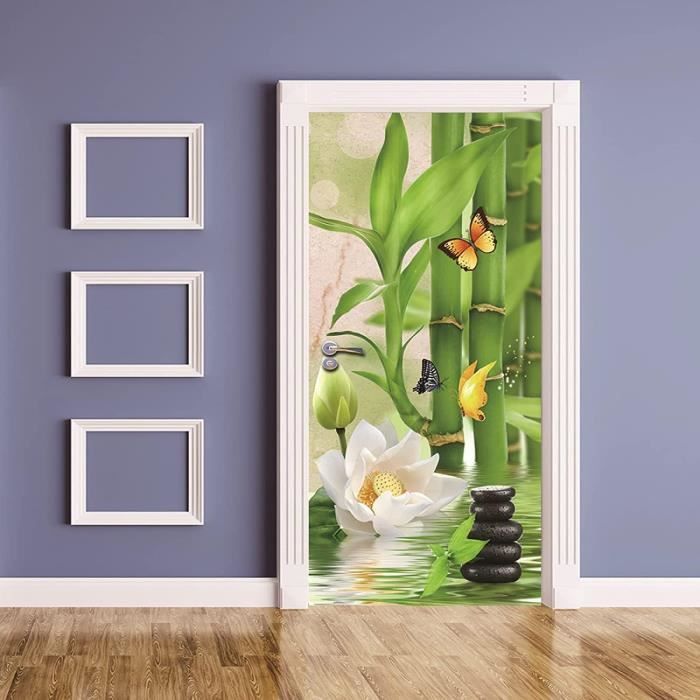 Autocollant Mural 3D Effet Lac Zen - 95x215 Cm, PVC Amovible, Décoration Porte Ou Mur - Scène De Pêche Chinoise