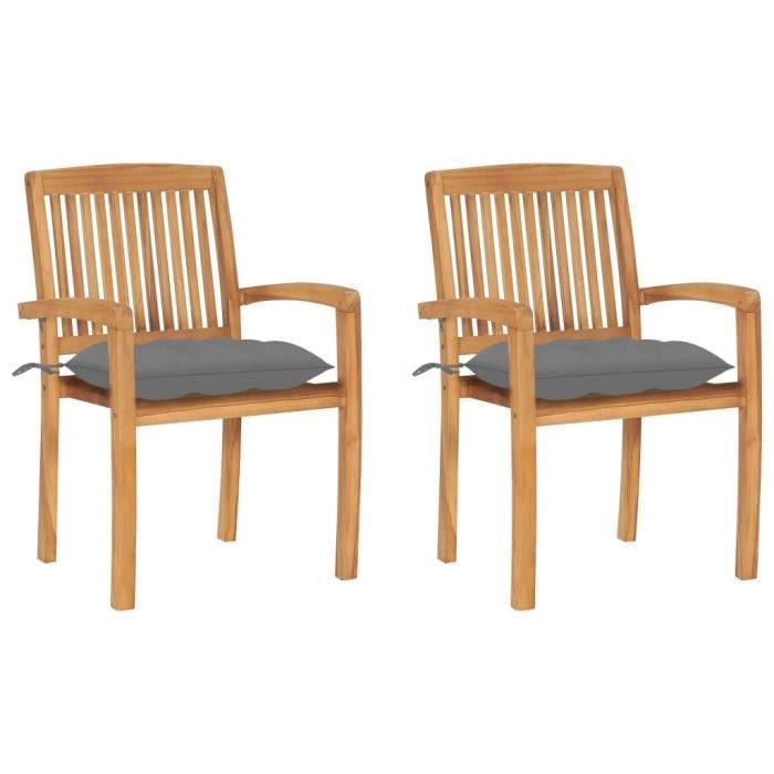 chaises de jardin en bois dur de teck - ven-8986 - lot de 2 - coussins gris