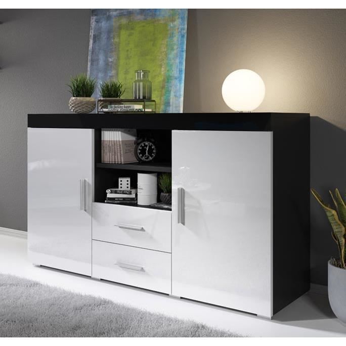 Buffet Bahut 2 portes 2 tiroirs | 140 x 80 x 40 cm | Couleur Noir et Blanc Finition Brillante | Rangement | ROQUE