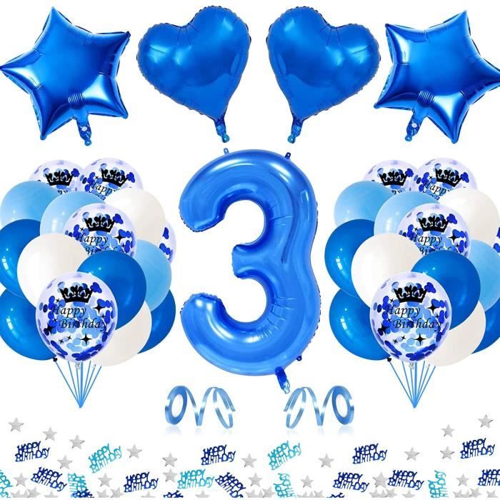 APERIL Bleu Ballons Anniversaire 3 Ans, 3er Décoration Anniversaire, Ballon  Chiffre 3, 30pcs Ballon Bleu Ballon de Confettis
