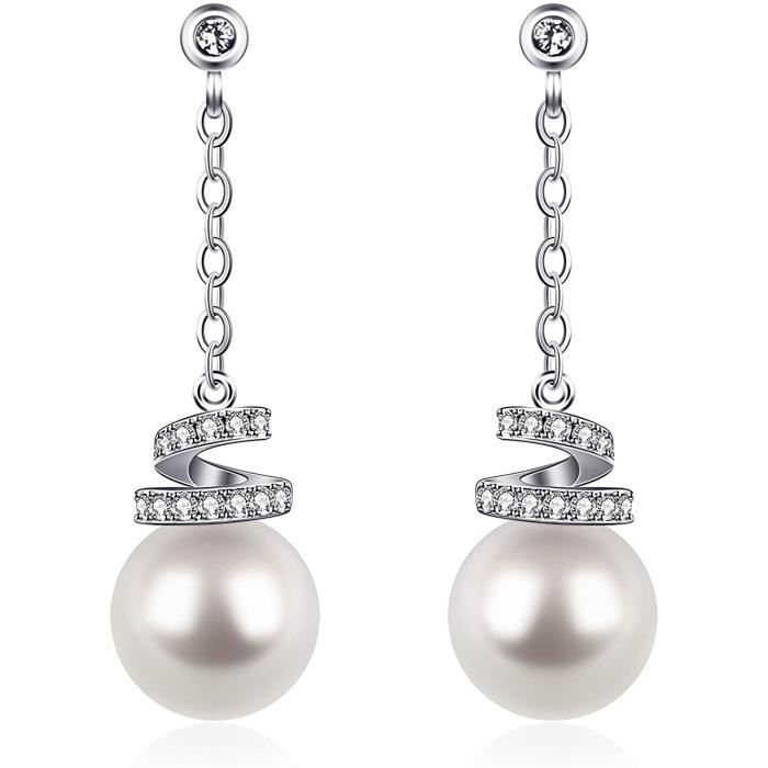 Femme Boucles d¡¯oreilles longues Clous d¡¯oreilles des perles en Argent 925 Perles de culture Zirconium cubique Cadeau parfai[96]