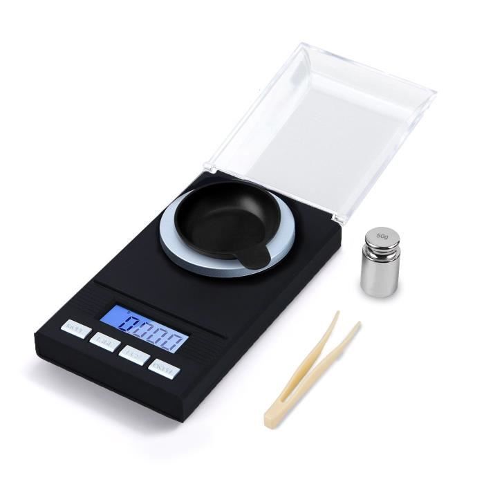 Muaket Balance de Precision Milligrammes 50g x 0.001g, Muaket Balance de Bijoux Electronique avec Affichage à LED Échelle, Multifonction, Cuisine, Poche avec Poids D'étalonnage