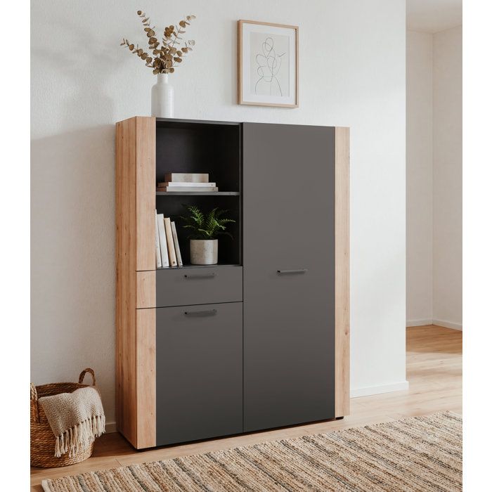 Buffet Haut CENTO - Gris Anthracite & Chêne Artisan - 2 portes 2 niches et 1 tiroir - 100 x 345 x 150 cm