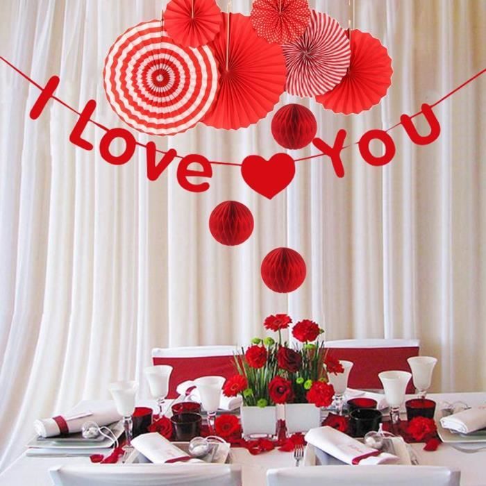 decoration kit de mariage saint valentin rouge salle maison decor papier i love you guirlande rosette de fete cdiscount maison