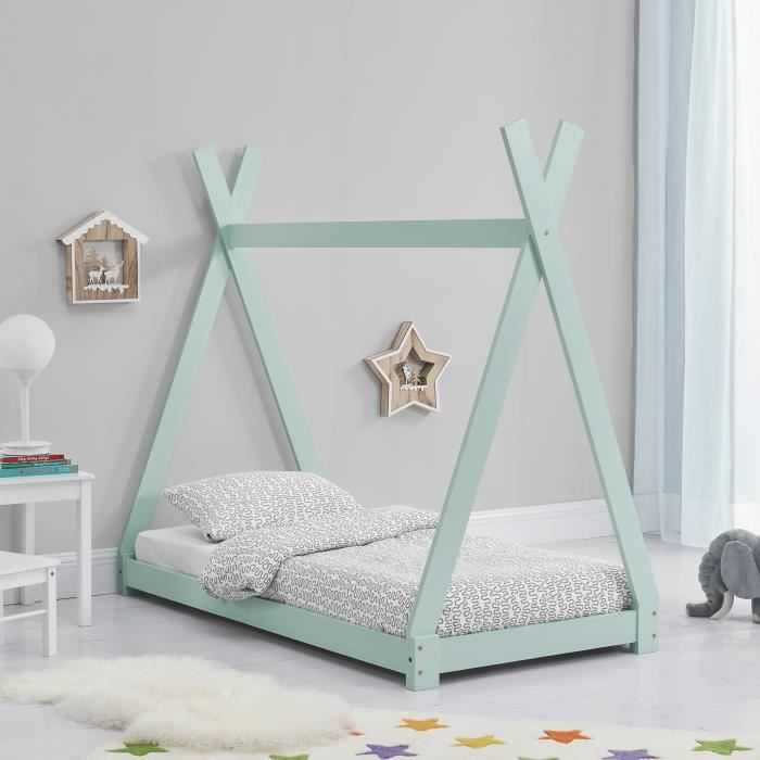 Lit Tipi Enfant Vert Menthe Avec Sommier à Lattes - Dimensions 160x80 Cm, Bois De Pin, Neuf