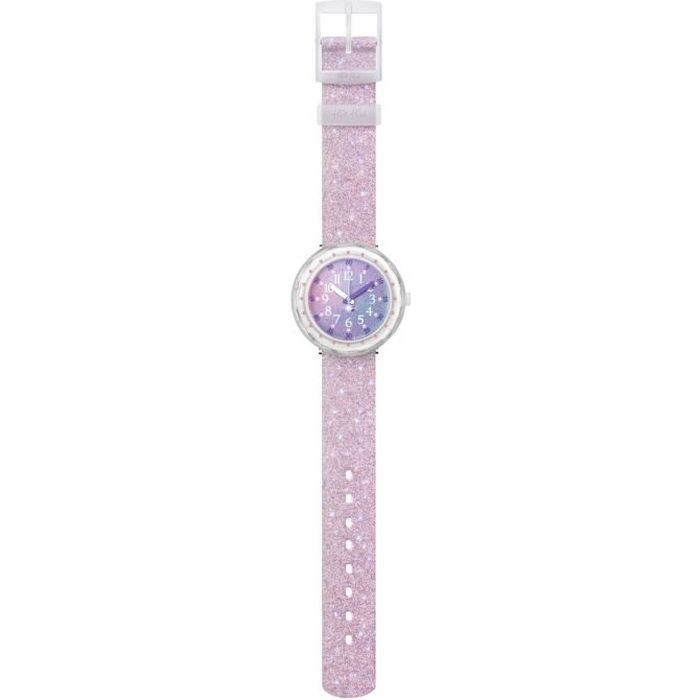 Montre Fille FLIK FLAK Pearlaxus Bracelet Tissu Paillete Cadran Transparent Water Resistant