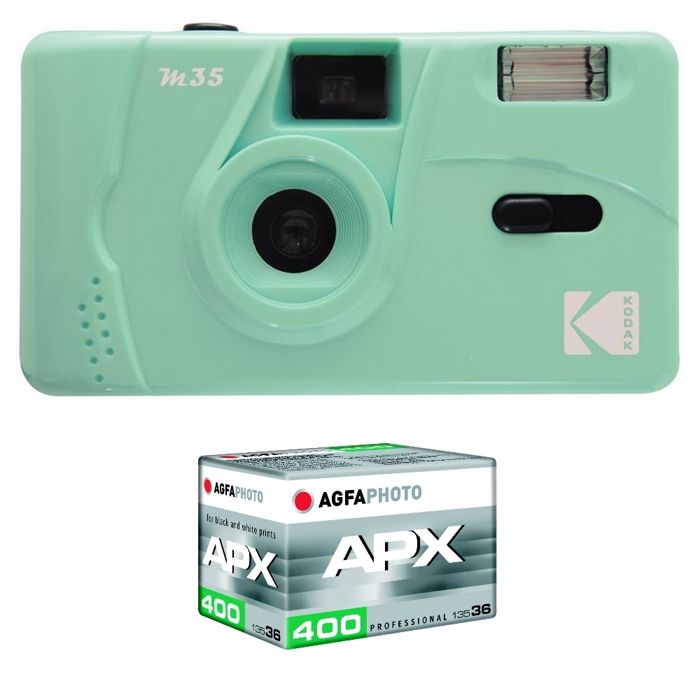 KODAK Pack M35 Argentique + Pellicule APX 400 36 poses - Appareil Photo Kodak Rechargeable 35mm Mint Green Objectif Grand Angle