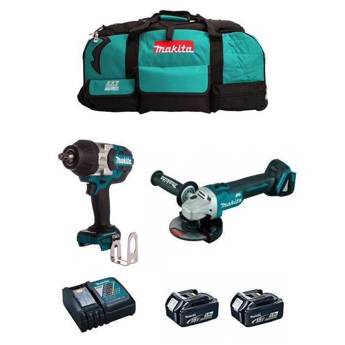 Kit d'outils électriques MAKITA DTW1002 Clé à chocs + DGA504 Mini Meuleuse 18V 2 batteries 5Ah