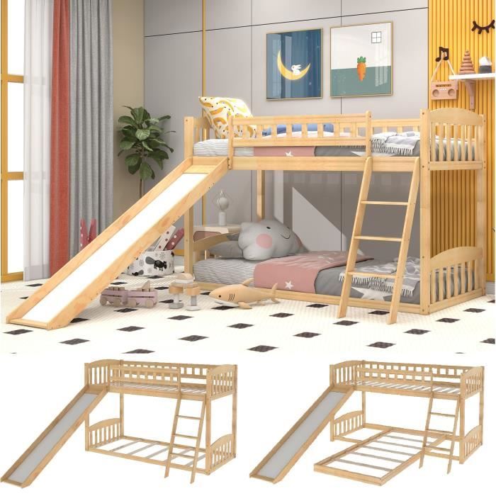 lits superposés enfant 90x200cm avec toboggan, lit combiné et amovible en bois pin massif, sommier à lattes et barrières, chêne