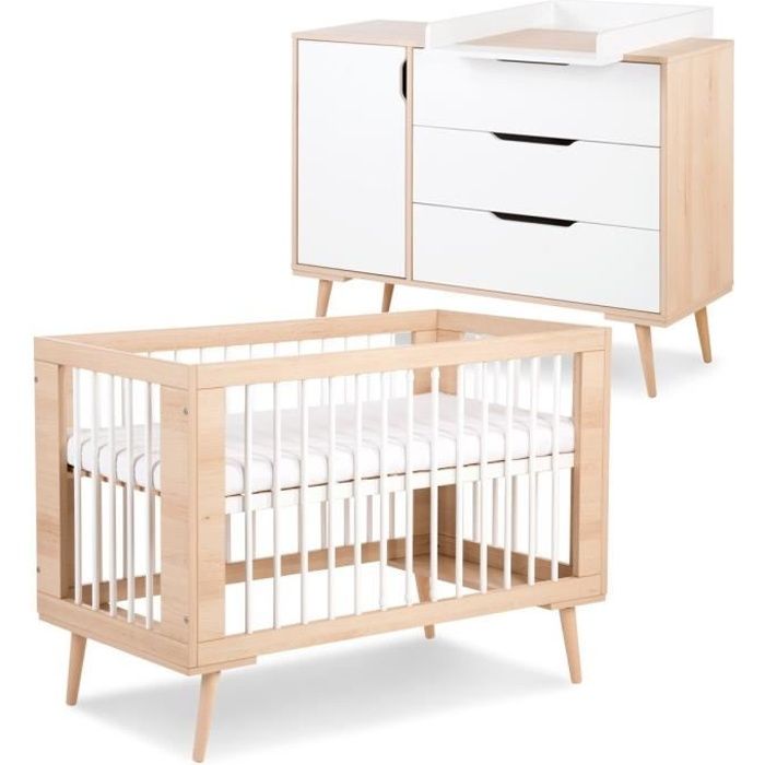 SOFIE Ensemble commode à langer et lit bébé style scandinave 120X60 Hêtre