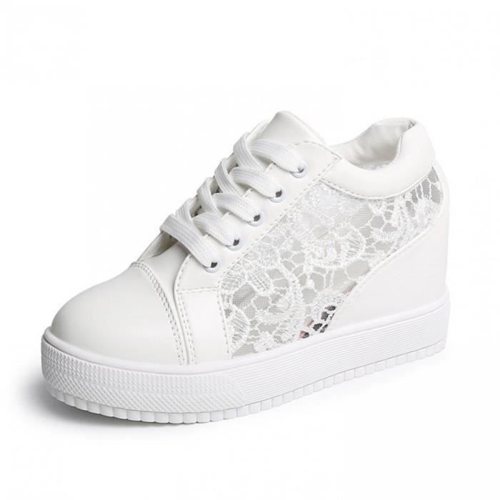 Femme Chaussure /à Haute Compens/é Plat sans Lacets Cuir Basket Casual