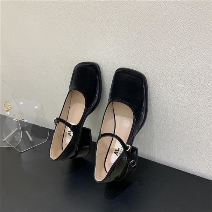 Escarpins Femme talon bloc vintage en cuir verni mary jane Noir