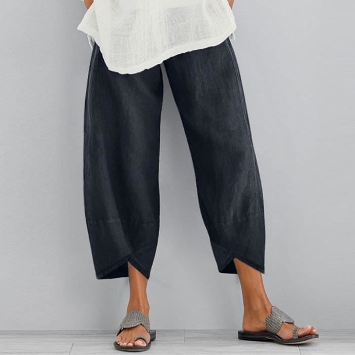Pantalons Femme Coton Et Lin DeContractes Larges Elegant LeGer LaChe Pantacourt De Sport Noir Noir Cdiscount Pret a Porter
