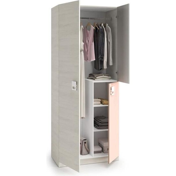 Armoire enfant avec 2 portes coloris blanc alpes - rose - 90 cm (Longueur) x 200 cm (Hauteur) x 52 cm (Profondeur)