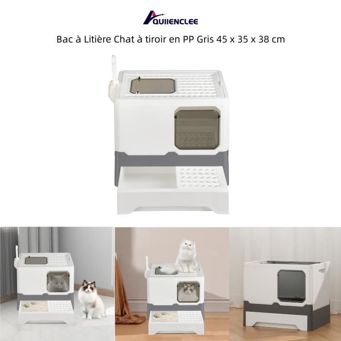Meilleurs prix pour Bac à Litière Chat à tiroir en PP Gris - QUIIENCLEE - 45 x 35 x 38 cm - Moyen - Junior