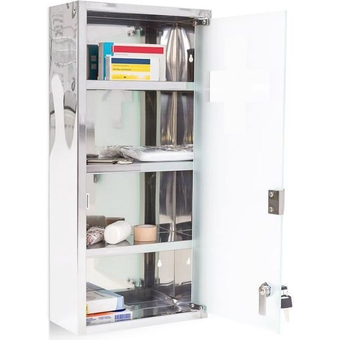 Armoire à pharmacie - Relaxdays - Inox - 27x57x12 cm - Porte magnétique - 4 compartiments fixes