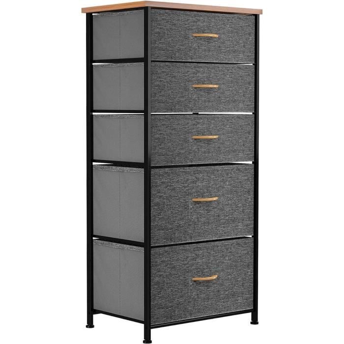 HOMCOM Commode 5 Tiroirs En Tissu Beige - Meuble Rangement Chambre Avec Poches Latérales, Cadre Acier Et Crochets, 45x30x94.5 Cm
