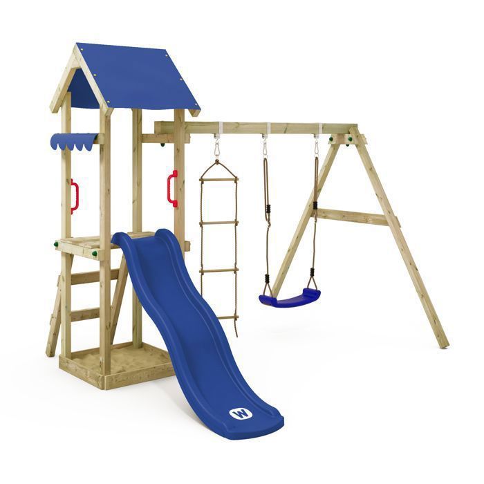 Tour de jeux WICKEY TinyCabin pour tout-petits avec balançoire et toboggan bleu pastel – 10 ans de garantie*