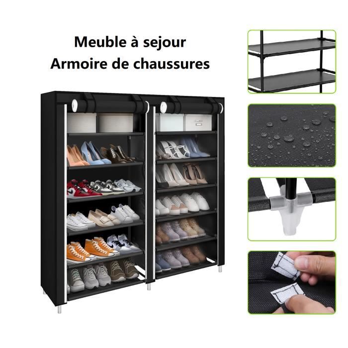 Armoire à chaussures à double rangée WILLONIN - Noir - 120x30x110 cm - 7 étagères - Meuble de séjour