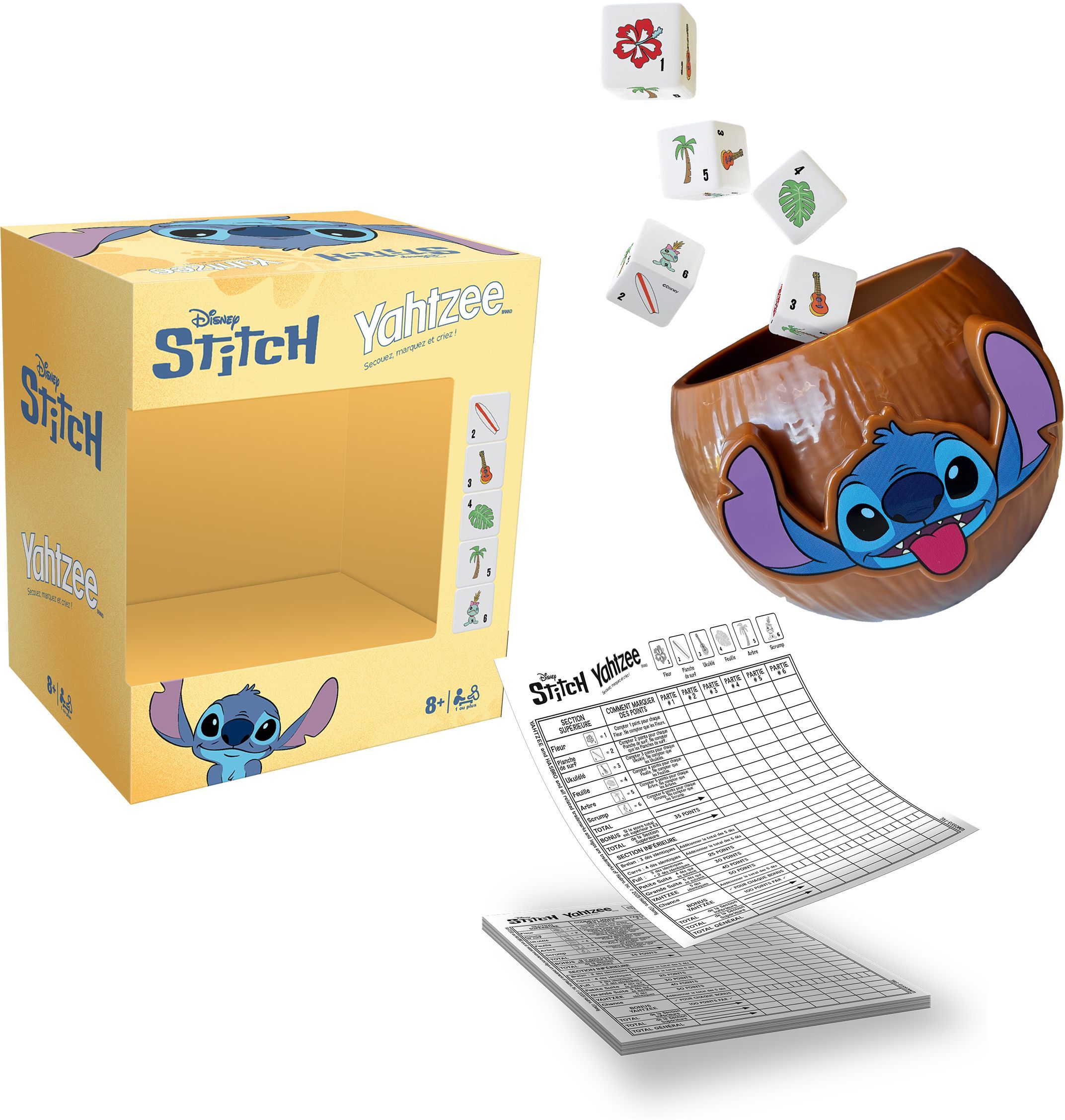 Jeu de Société Winning Moves Yahtzee Stitch – 5 Dés Illustrés, Gobelet Noix de Coco