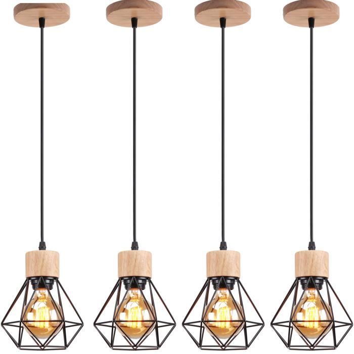 Suspension Cage Diamant en Métal et Bois Noir - WOTTES - Lot de 4 - 40W - E27