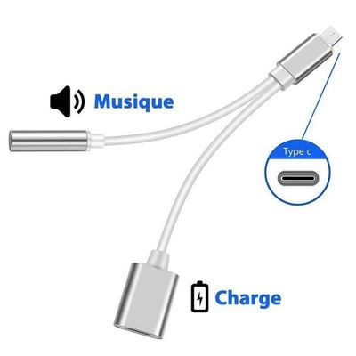 Double Adaptateur cable diviseur Type C prise jack 3.5mm chargeur USB-C  Argent pour Samsung Galaxy M33 5G 6.6 - Yuan Yuan