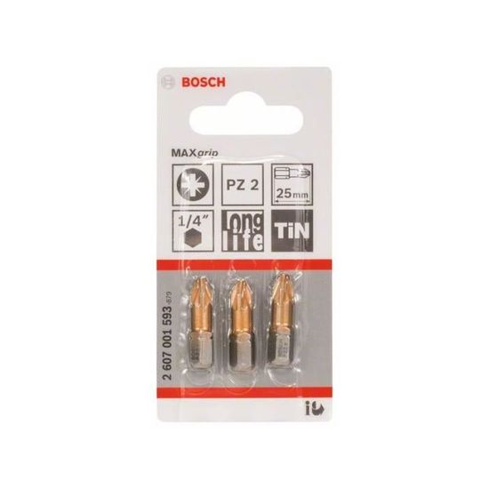 Bosch Embouts De Vissage Max Grip PZ2 - Jeu De 3 - 25mm Longueur - Revêtement Nitrure De Titane