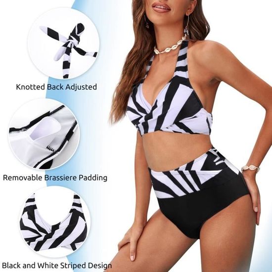 Bikini 2 Pièces Femme - Haut Triangle Bretelles Réglables, Bas Taille Haute - Maillot De Bain Push Up