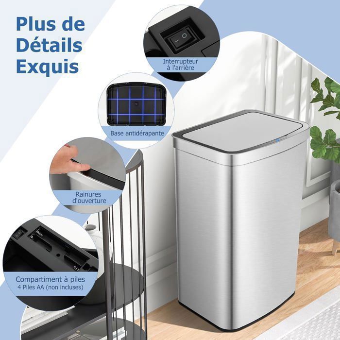 Poubelle Automatique Pliable 50L CATAVANA - Capteur + Fermeture Douce Argenté Et Noir