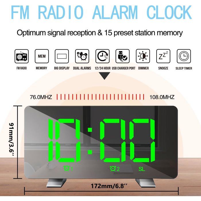 Réveil Numérique Double Pour Chambre à Coucher, 22,1 Cm, Grand Miroir LED Horloge Avec 2 Ports De Charge USB, 7 Niveaux De Luminosité Et De Volume, Rappel D'alarme, 1224 H, Réveil Puissant