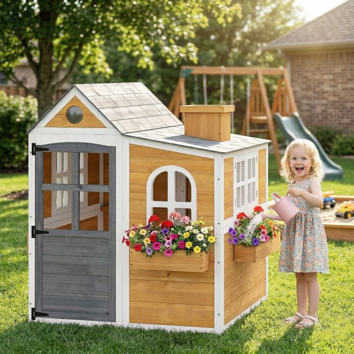 Cabane Enfant En Bois AIYAPLAY – Maisonnette De Jardin Avec Jardinières Et Fenêtres – Jeu Créatif Pour 3-8 Ans
