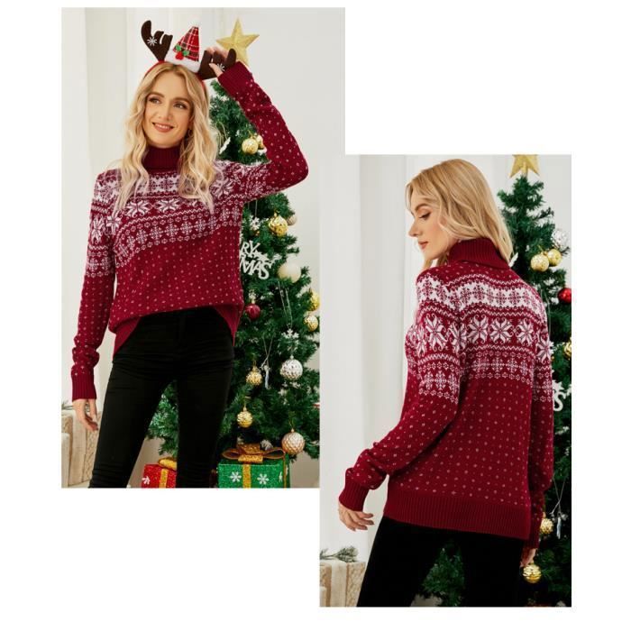 Pull Femme Col V Norvégien - Tunique Oversize Motif Jacquard - Laine Chaude Pour L'hiver - Taille Grande