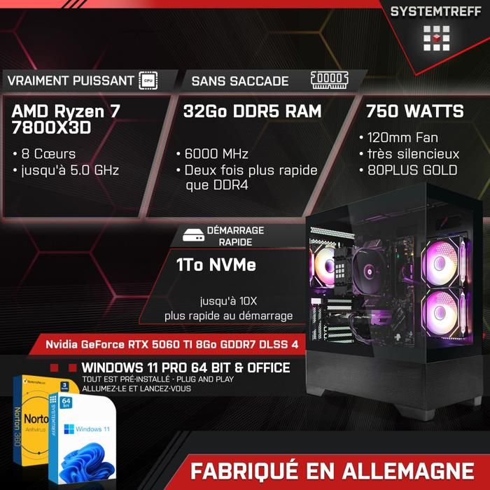 PC Gamer AMD Ryzen 7 7800X3D Nvidia GeForce RTX 4060 Ti 8Go 32Go RAM 1To M.2 NVMe Windows 11 WiFi