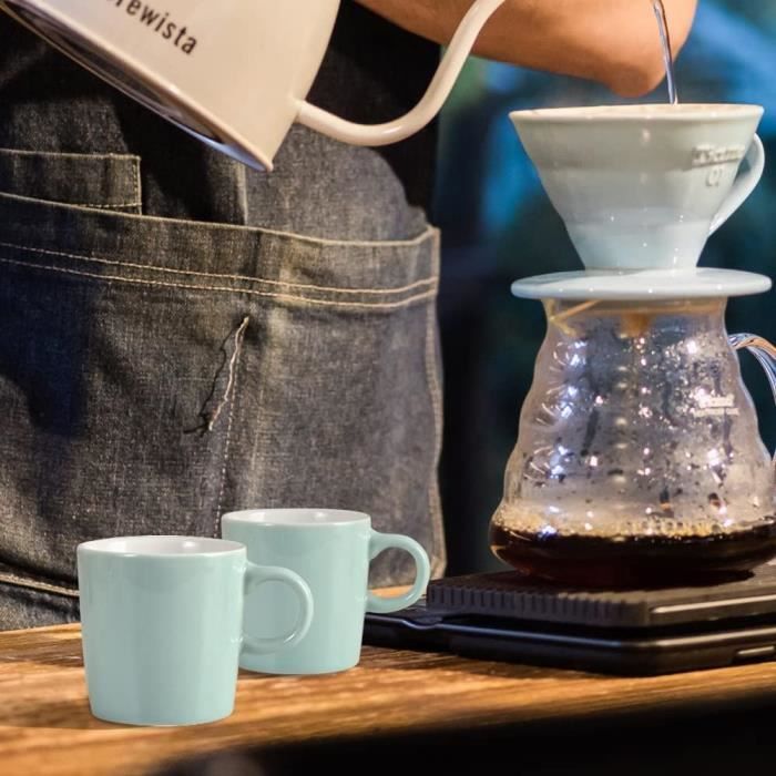 Lot De 6 Petites Tasses à Expresso 70 Ml En Céramique Avec Anse En Bois – Vert Élégant – Idéal Pour Café, Thé, Moka