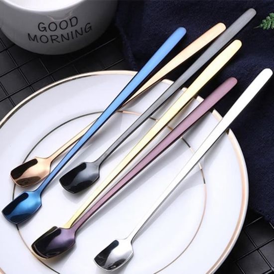 Lot 6 Cuillères Acier Inoxydable Long Manche - Cuillères Mélange Café Dessert Colorées
