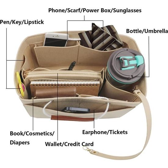 Organisateur De Sac à Main En Feutre - Sac De Rangement Intérieur Avec Fermeture Éclair - Beige Taille S