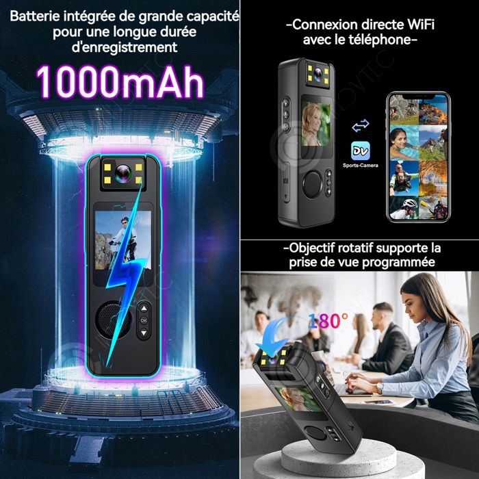Mini Caméra Corporelle 1080P – Objectif Rotatif 180°, Vision Nocturne, Détection De Mouvement, Écran 1.54", Portable Et Anti-secousse