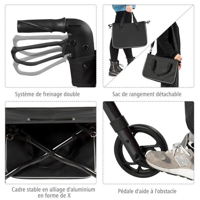 Déambulateur 4 roues pliable, rollator en aluminium léger, siège