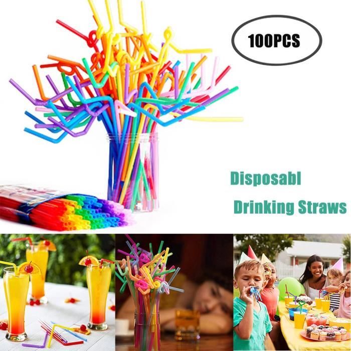 12 Pailles Bouclées Réutilisables En Plastique PET - Multicolores Pour Cocktails, Fêtes - 24-28cm
