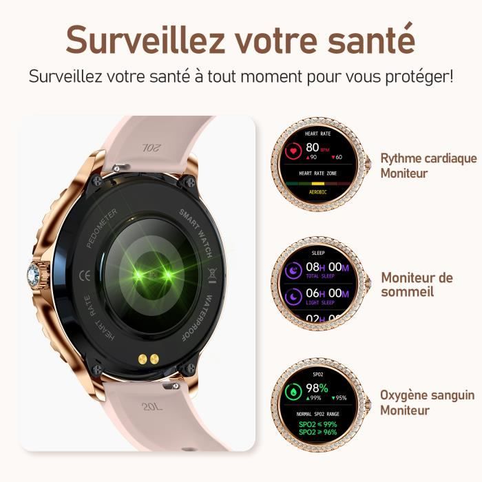 Smartwatch CHRONUS Montre Connectée Femme avec Appel Bluetooth 1,32''  Intelligent Smartwatch Sport Lecteur de Musique SpO2 pour Android iOS Or