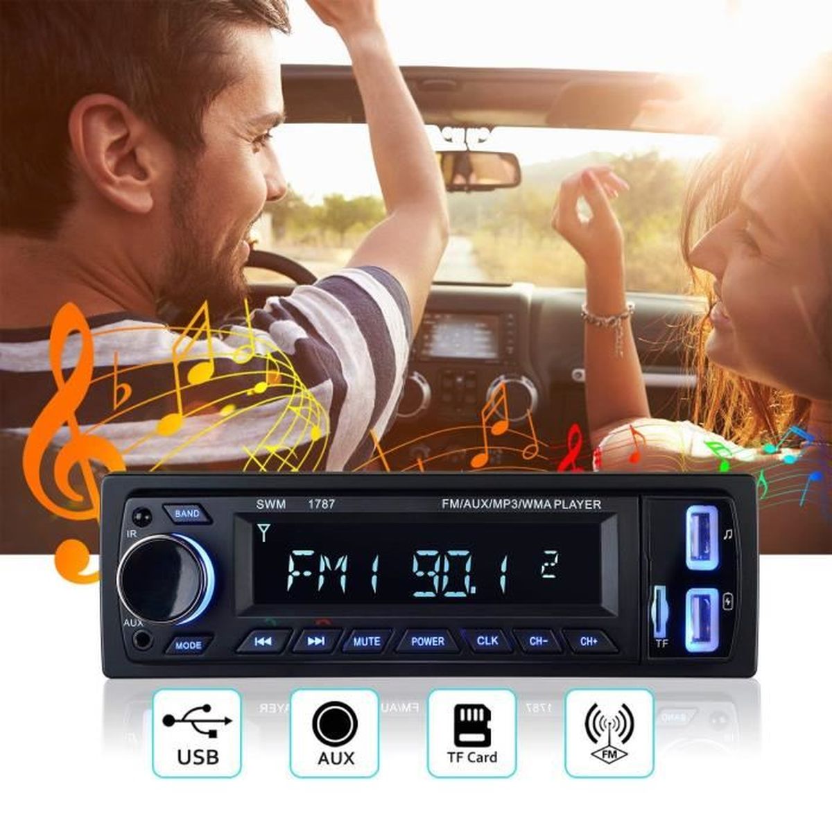 1 Din 2Ports USB Charge Rapide Radio de Voiture 4x60W Poste Radio 7Couleurs FM St/ér/éo Radio USB//SD//AUX//EQ//Lecteur MP3 Autoradio Autoradio Bluetooth
