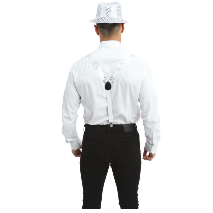 EUPSIIU 3 Pièces Chapeau Paillettes Disco + Bretelles + Noeud Papillon - Accessoire Danse Jazz Argent