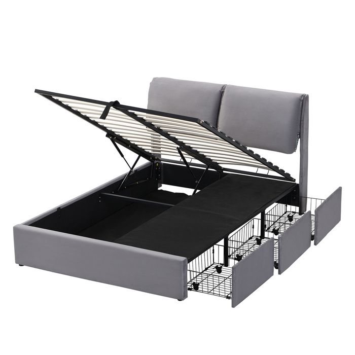 Lit Double Rembourré Velours Gris 140x190 Cm Avec Coffre Hydraulique + 3 Tiroirs - Sommier Lattes Inclus