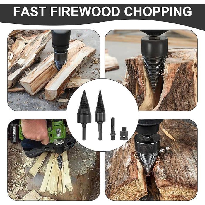 VXCMN Foret Fendeur De Bûches 45mm + 32mm - Kit Avec 4 Poignées (Carré, Rond, Hex) - Pour Perceuse Électrique - Fendage Bois Chauffage