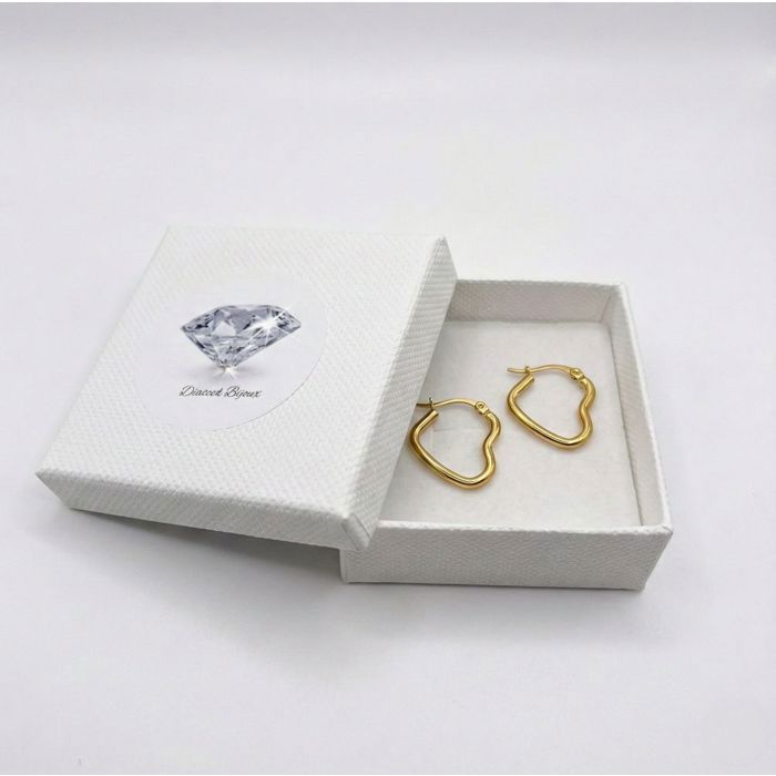 Boucles D'oreilles Créoles Cœur Blanc - Plaqué Or Jaune 18 Carats, Zircon, Neuf Avec étiquettes