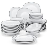 MALACASA Vaisselle ELISA-BT, Service Complet de Table, 48 Pièces pour 12 Personnes avec Bord Noir - Gris Blanc