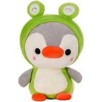 Animal en peluche canard-pingouin dans un joli costume de grenouille verte, adorables peluches portant une tenue d'animal, jouets, e