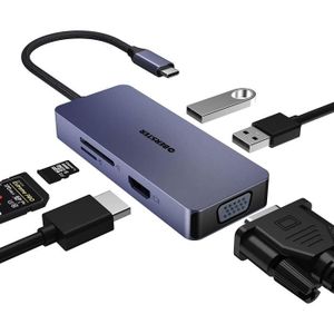 HUB USB-C vers Ethernet, VGA, HDMI, USB-C et USB 3.0 + Fonction Support  Vidéo - CLiPtec - Français