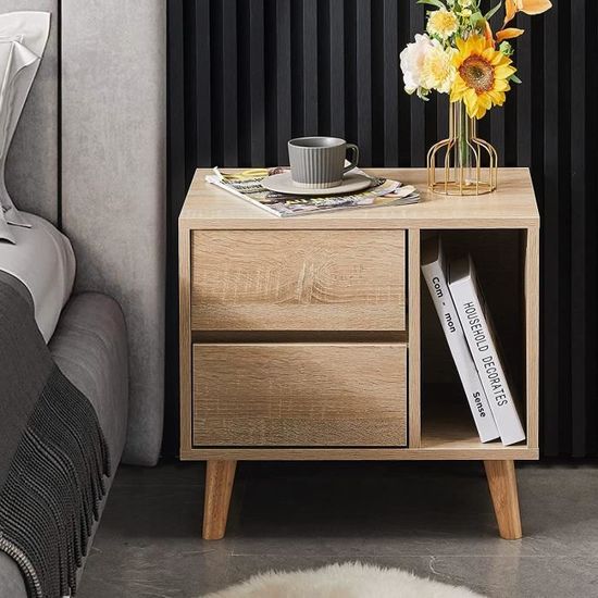 Table De Chevet 2 Tiroirs Tissu Et étagère Ouverte - Cadre Métal Marron - Rangement Chambre Et Salon - Montage Facile